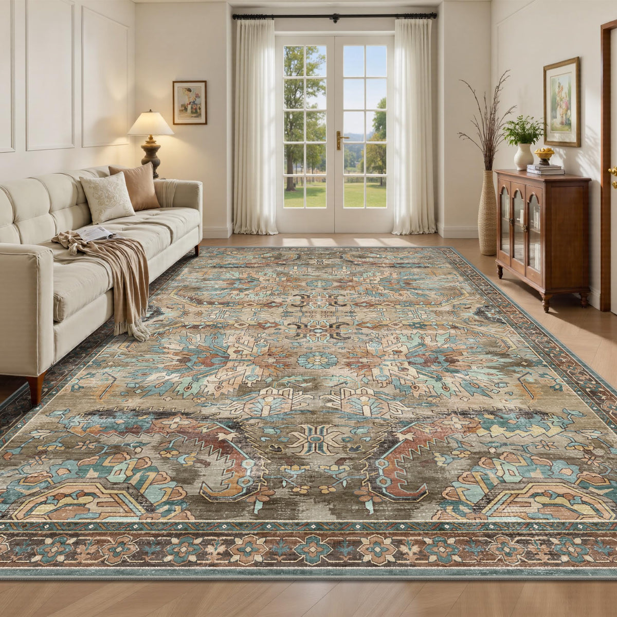 8x10 Area Rugs for Living Room - Washable Vintage Retro Large Rug, Soft Ultra Thin Non Slip Low Pile Traditional Distressed Boho Carpet for Bedroom Dining Room Home Office, Rust Clay