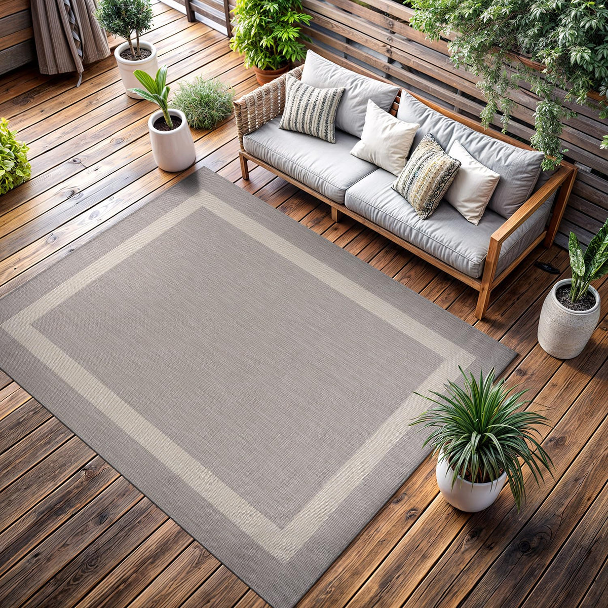 CAMILSON Indoor Outdoor Rug, 6x9 Bordered Dark Grey Black Modern Area Rugs for Indoor and Outdoor Patios, Kitchen and Hallway Mats, Washable Porch Deck Outside Carpet (Bordered Black, 6 x 9)