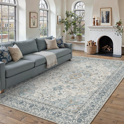 8x10 Washable Area Rug Beige Grey Non Slip Vintage Carpet