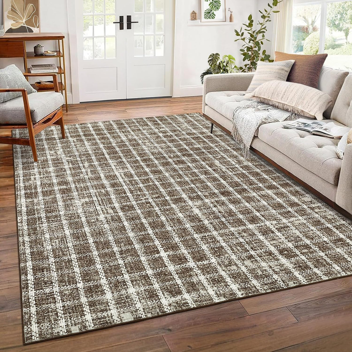 ROYHOME 6x9 Area Rug for Living Room Washable Khaki Brown Checkered Rugs