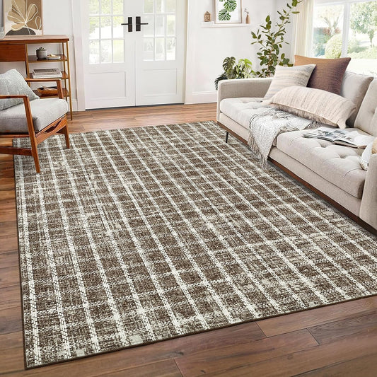 ROYHOME 6x9 Area Rug for Living Room Washable Khaki Brown Checkered Rugs