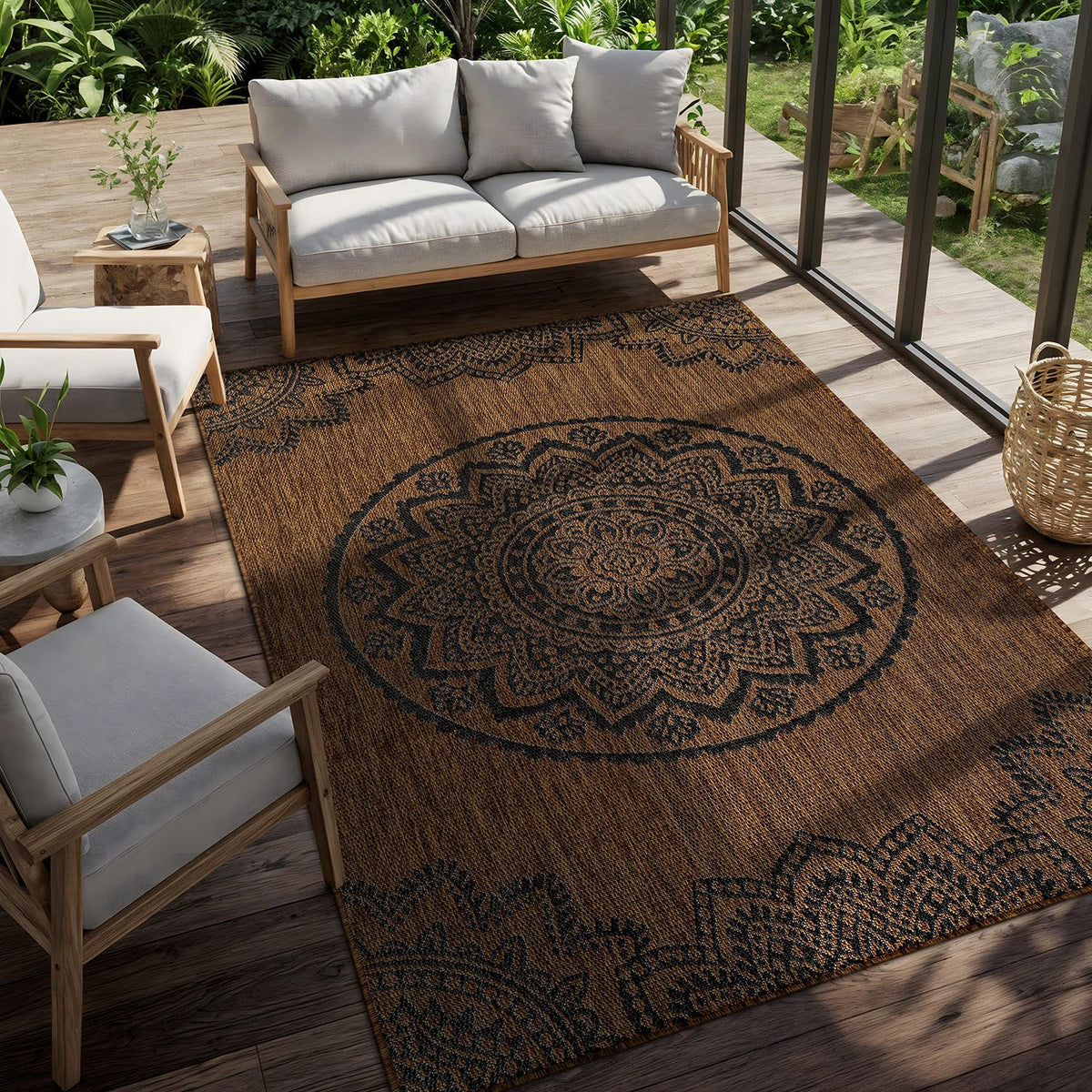 CAMILSON Outdoor Rug 5x7 Modern Area Rugs for Indoor and Outdoor Patios and Porches - Waterproof, Washable, Non-Shedding, Easy-to-Clean Outside Carpet (5 x 7, Medallion - Beige/White)