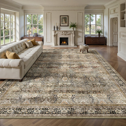 8x10 Area Rugs for Living Room - Washable Vintage Retro Large Rug, Soft Ultra Thin Non Slip Low Pile Traditional Distressed Boho Carpet for Bedroom Dining Room Home Office, Rust Clay