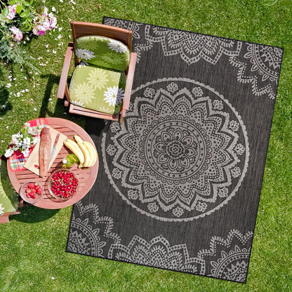 CAMILSON Outdoor Rug 5x7 Modern Area Rugs for Indoor and Outdoor Patios and Porches - Waterproof, Washable, Non-Shedding, Easy-to-Clean Outside Carpet (5 x 7, Medallion - Beige/White)