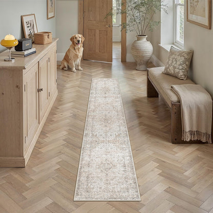 8x10 Washable Area Rug Beige Grey Non Slip Vintage Carpet