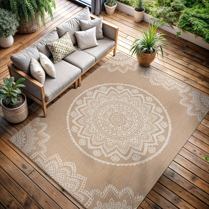 CAMILSON Outdoor Rug 5x7 Modern Area Rugs for Indoor and Outdoor Patios and Porches - Waterproof, Washable, Non-Shedding, Easy-to-Clean Outside Carpet (5 x 7, Medallion - Beige/White)