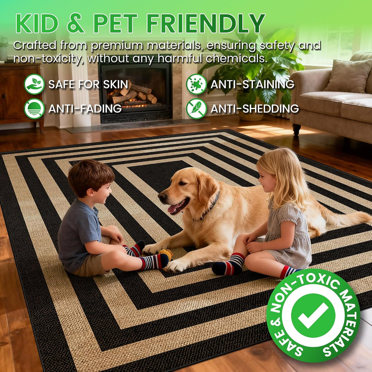 Washable 8x10 Black Striped Easy Jute Indoor Outdoor Rug for Living Room