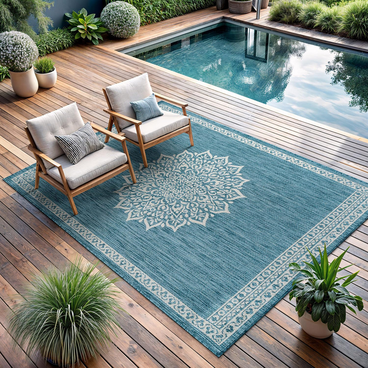 CAMILSON Indoor Outdoor Rug, 6x9 Bordered Dark Grey Black Modern Area Rugs for Indoor and Outdoor Patios, Kitchen and Hallway Mats, Washable Porch Deck Outside Carpet (Bordered Black, 6 x 9)