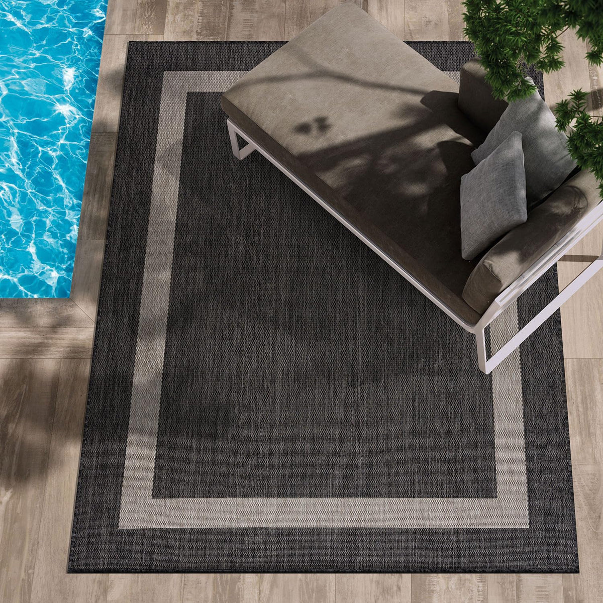CAMILSON Indoor Outdoor Rug, 6x9 Bordered Dark Grey Black Modern Area Rugs for Indoor and Outdoor Patios, Kitchen and Hallway Mats, Washable Porch Deck Outside Carpet (Bordered Black, 6 x 9)