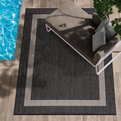 CAMILSON Indoor Outdoor Rug, 6x9 Bordered Dark Grey Black Modern Area Rugs for Indoor and Outdoor Patios, Kitchen and Hallway Mats, Washable Porch Deck Outside Carpet (Bordered Black, 6 x 9)