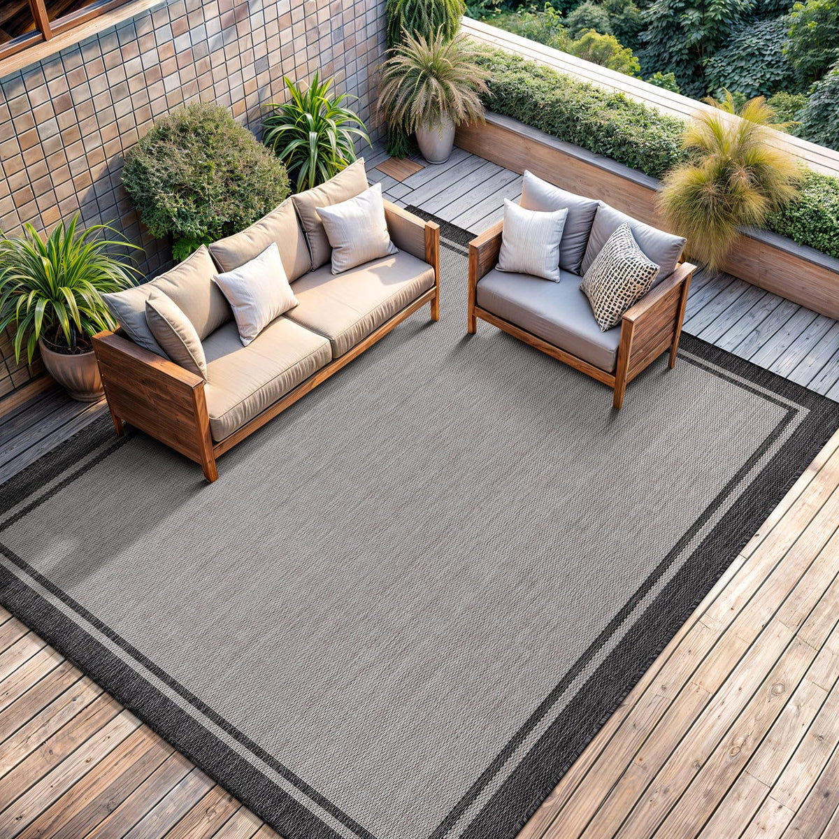 CAMILSON Indoor Outdoor Rug, 6x9 Bordered Dark Grey Black Modern Area Rugs for Indoor and Outdoor Patios, Kitchen and Hallway Mats, Washable Porch Deck Outside Carpet (Bordered Black, 6 x 9)