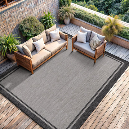 CAMILSON Indoor Outdoor Rug, 6x9 Bordered Dark Grey Black Modern Area Rugs for Indoor and Outdoor Patios, Kitchen and Hallway Mats, Washable Porch Deck Outside Carpet (Bordered Black, 6 x 9)