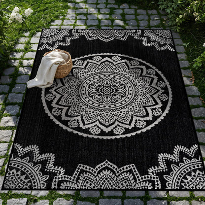 CAMILSON Outdoor Rug 5x7 Modern Area Rugs for Indoor and Outdoor Patios and Porches - Waterproof, Washable, Non-Shedding, Easy-to-Clean Outside Carpet (5 x 7, Medallion - Beige/White)