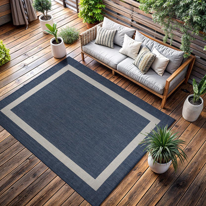 CAMILSON Indoor Outdoor Rug, 6x9 Bordered Dark Grey Black Modern Area Rugs for Indoor and Outdoor Patios, Kitchen and Hallway Mats, Washable Porch Deck Outside Carpet (Bordered Black, 6 x 9)