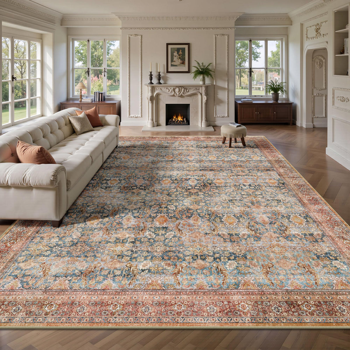 8x10 Area Rugs for Living Room - Washable Vintage Retro Large Rug, Soft Ultra Thin Non Slip Low Pile Traditional Distressed Boho Carpet for Bedroom Dining Room Home Office, Rust Clay
