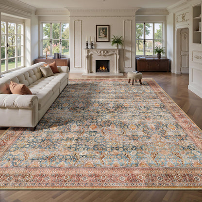 8x10 Area Rugs for Living Room - Washable Vintage Retro Large Rug, Soft Ultra Thin Non Slip Low Pile Traditional Distressed Boho Carpet for Bedroom Dining Room Home Office, Rust Clay