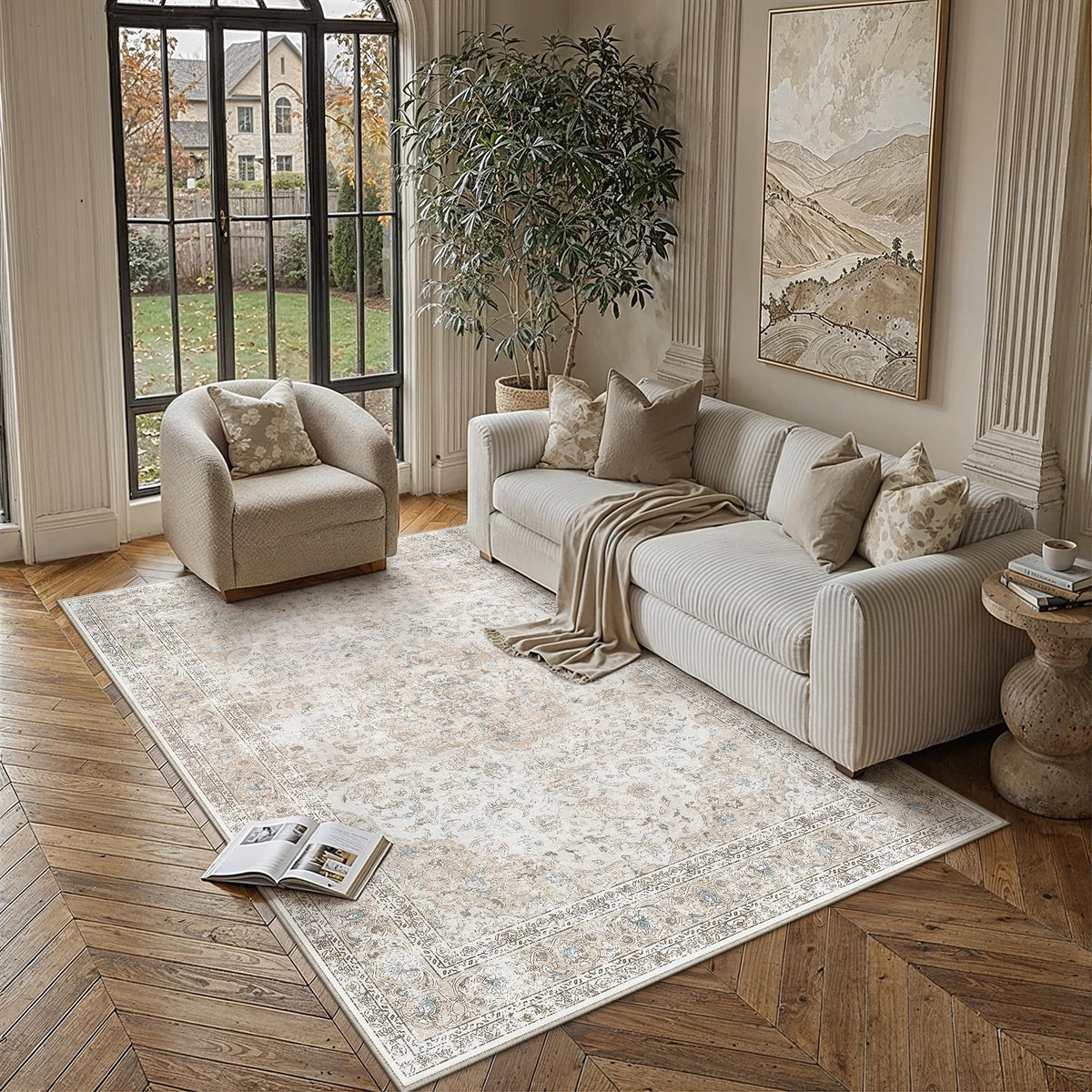8x10 Washable Area Rug Beige Grey Non Slip Vintage Carpet