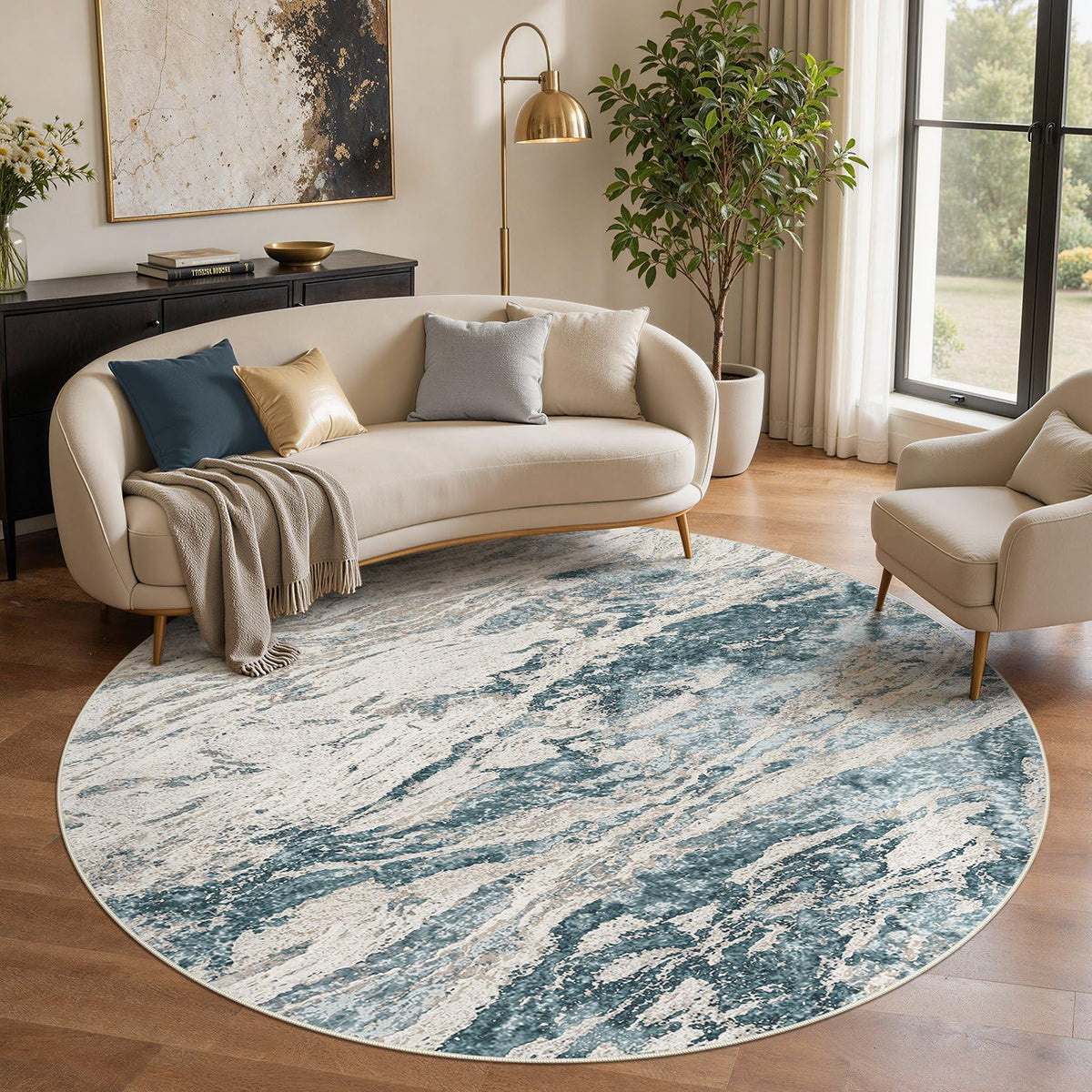 Area Rugs for Living Room: 9X12 Abstract Washable Rug Modern Neutral Large Soft Stain Resistant Non-Slip for Bedroom Dining Room Indoor Home Office Carpet - Blue Brown