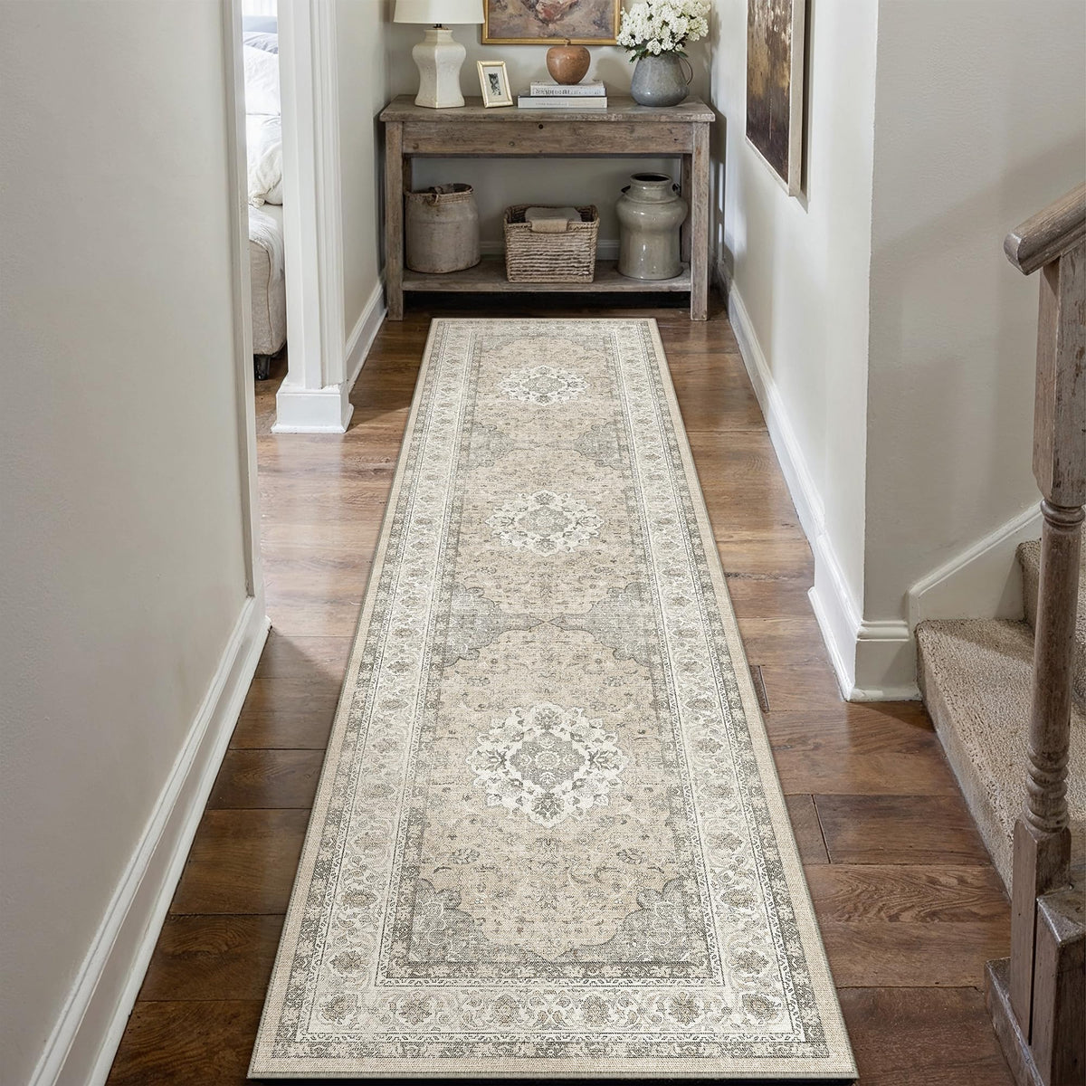 8x10 Washable Area Rug Beige Grey Non Slip Vintage Carpet