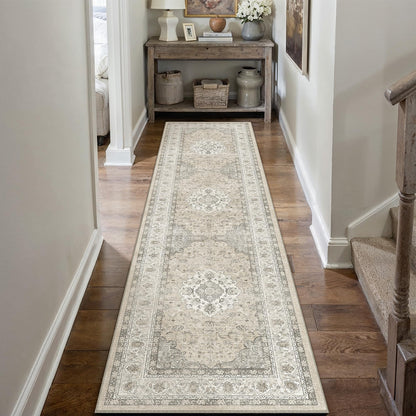 8x10 Washable Area Rug Beige Grey Non Slip Vintage Carpet