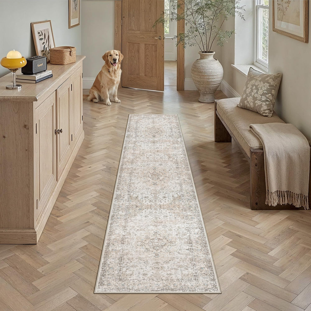 8x10 Washable Area Rug Beige Grey Non Slip Vintage Carpet