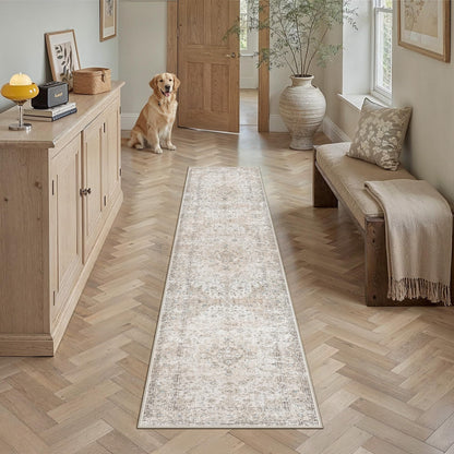 8x10 Washable Area Rug Beige Grey Non Slip Vintage Carpet