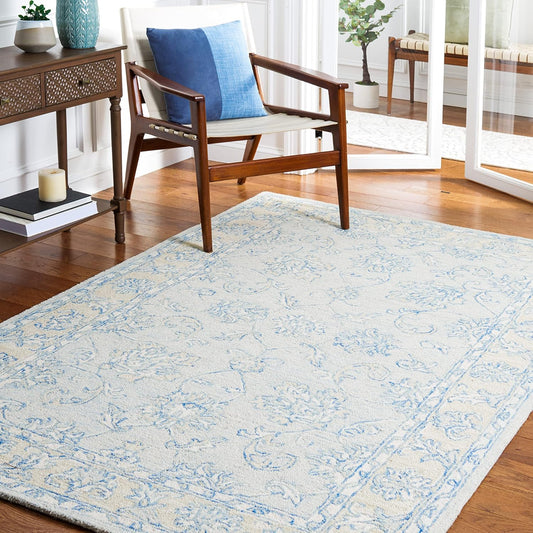 SAFAVIEH Micro-Loop Collection Area Rug - 5' x 8', Blue & Beige, Handmade Wool, Ideal for High Traffic Areas in Living Room, Bedroom (MLP535M)