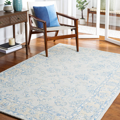 SAFAVIEH Micro-Loop Collection Area Rug - 5' x 8', Blue & Beige, Handmade Wool, Ideal for High Traffic Areas in Living Room, Bedroom (MLP535M)