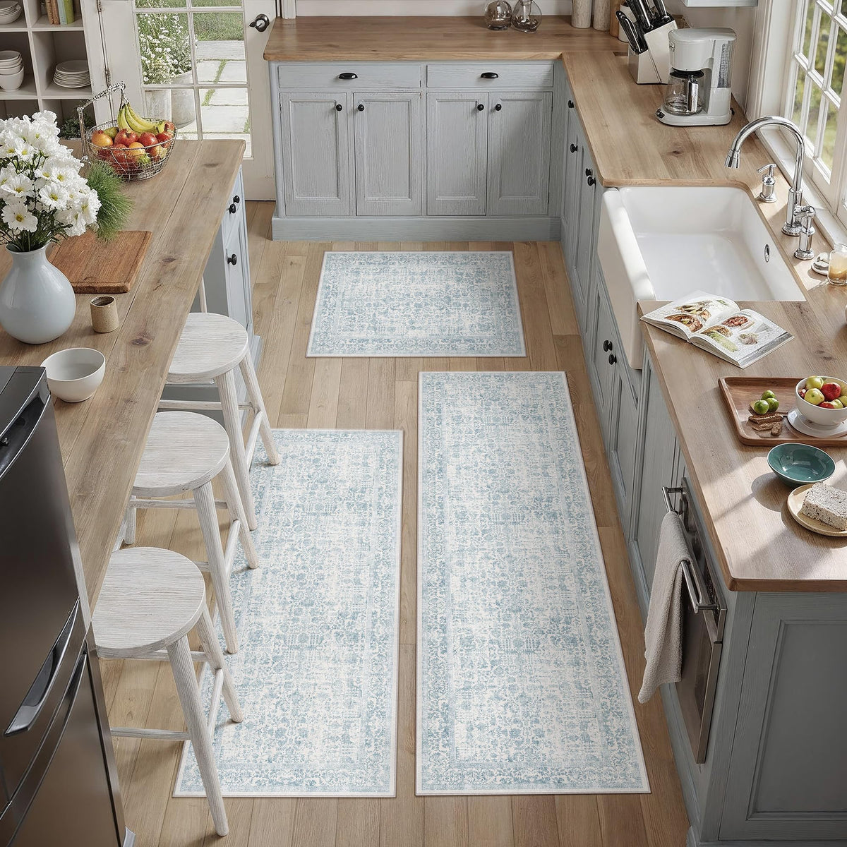 HUGEAR 3-Piece Grey Neutral Kitchen Rug Set