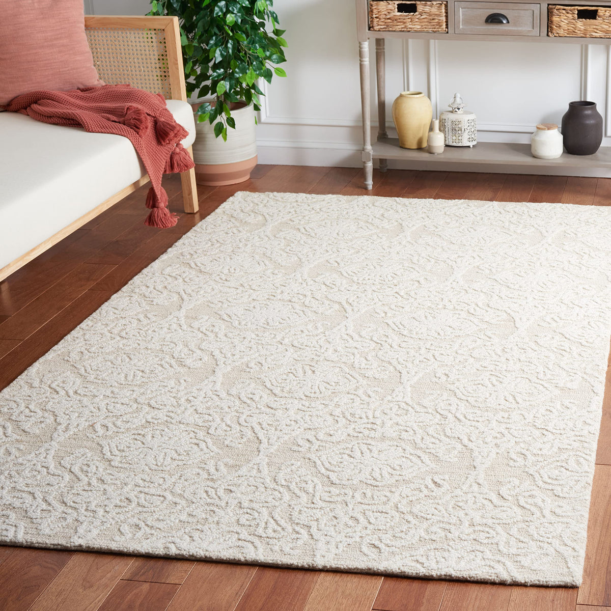 SAFAVIEH Blossom Collection Area Rug - 9' x 12', Beige & Ivory, Handmade Wool, Ideal for High Traffic Areas in Living Room, Bedroom (BLM112B)