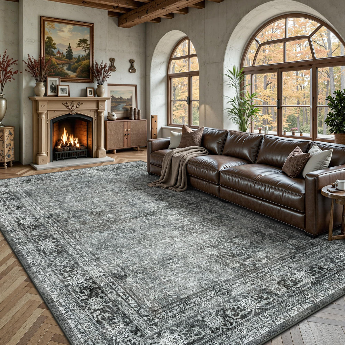 8x10 Area Rugs for Living Room - Washable Vintage Retro Large Rug, Soft Ultra Thin Non Slip Low Pile Traditional Distressed Boho Carpet for Bedroom Dining Room Home Office, Rust Clay