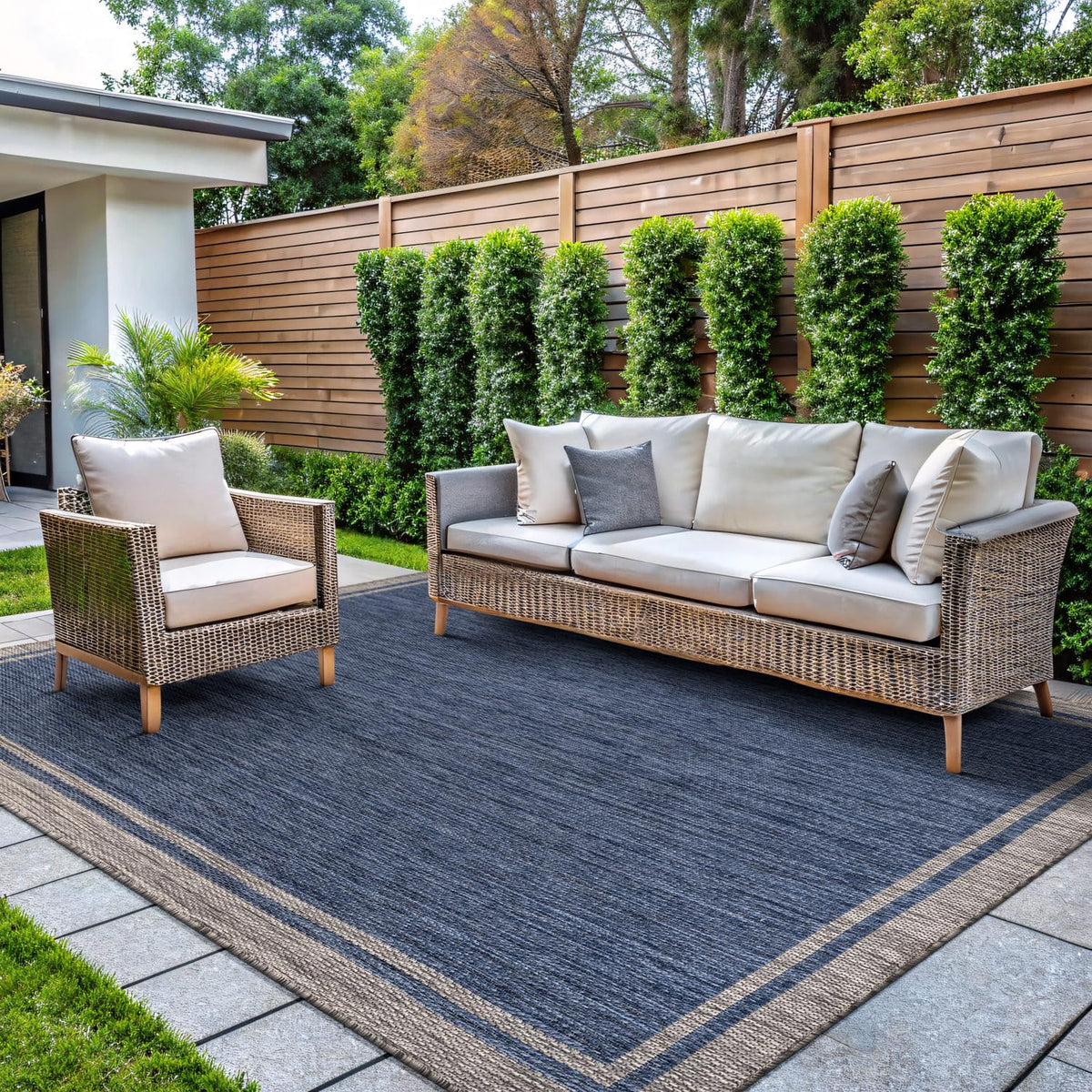 CAMILSON Indoor Outdoor Rug, 6x9 Bordered Dark Grey Black Modern Area Rugs for Indoor and Outdoor Patios, Kitchen and Hallway Mats, Washable Porch Deck Outside Carpet (Bordered Black, 6 x 9)