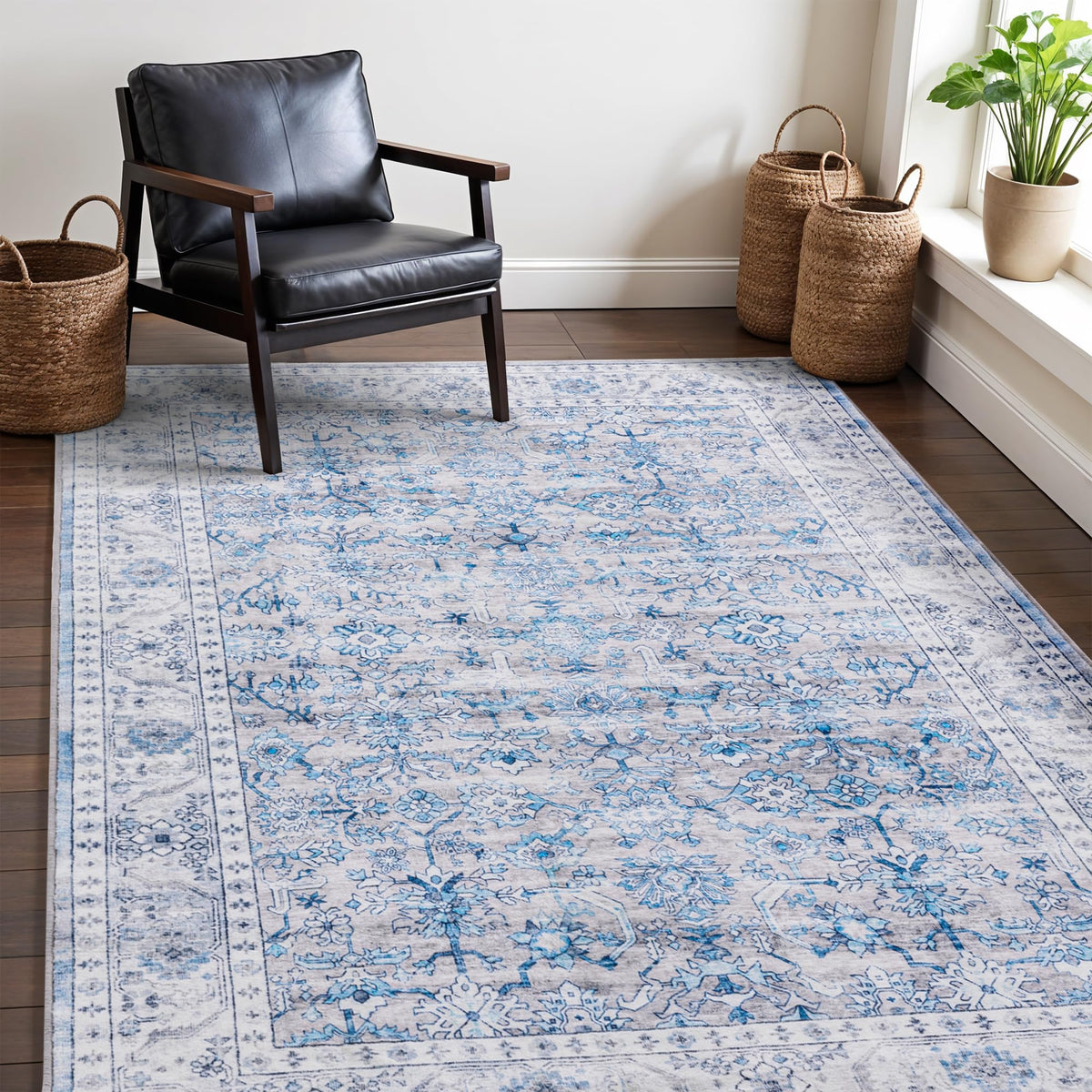 Carvapet Washable 3x5 Area Rug Orange Blue Vintage Floral Carpet