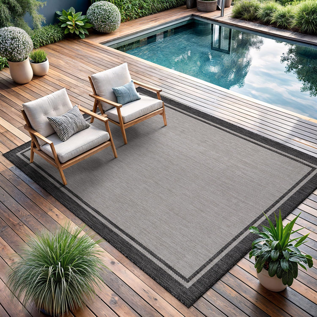 CAMILSON Indoor Outdoor Rug, 6x9 Bordered Dark Grey Black Modern Area Rugs for Indoor and Outdoor Patios, Kitchen and Hallway Mats, Washable Porch Deck Outside Carpet (Bordered Black, 6 x 9)