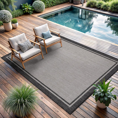 CAMILSON Indoor Outdoor Rug, 6x9 Bordered Dark Grey Black Modern Area Rugs for Indoor and Outdoor Patios, Kitchen and Hallway Mats, Washable Porch Deck Outside Carpet (Bordered Black, 6 x 9)