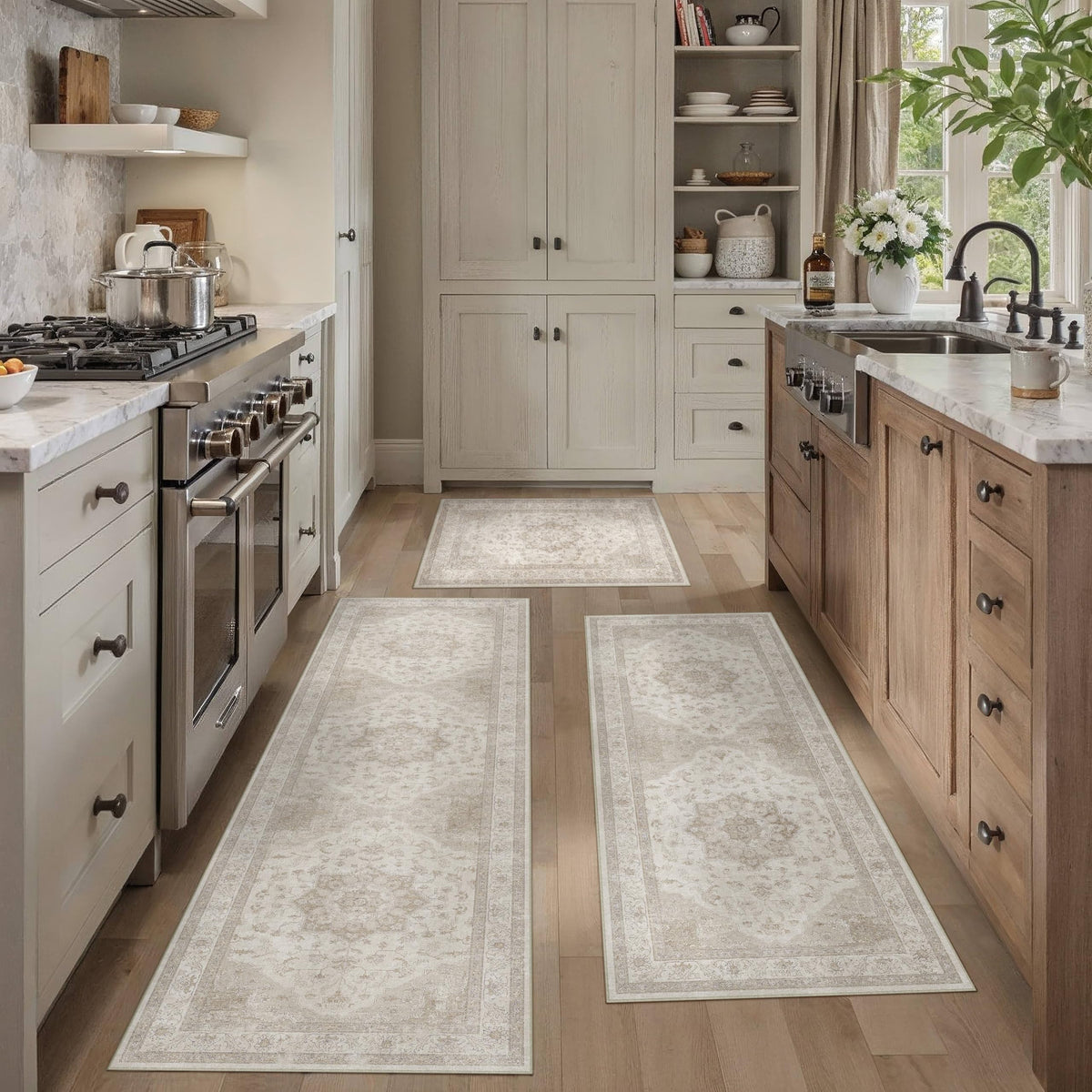HUGEAR 3-Piece Grey Neutral Kitchen Rug Set