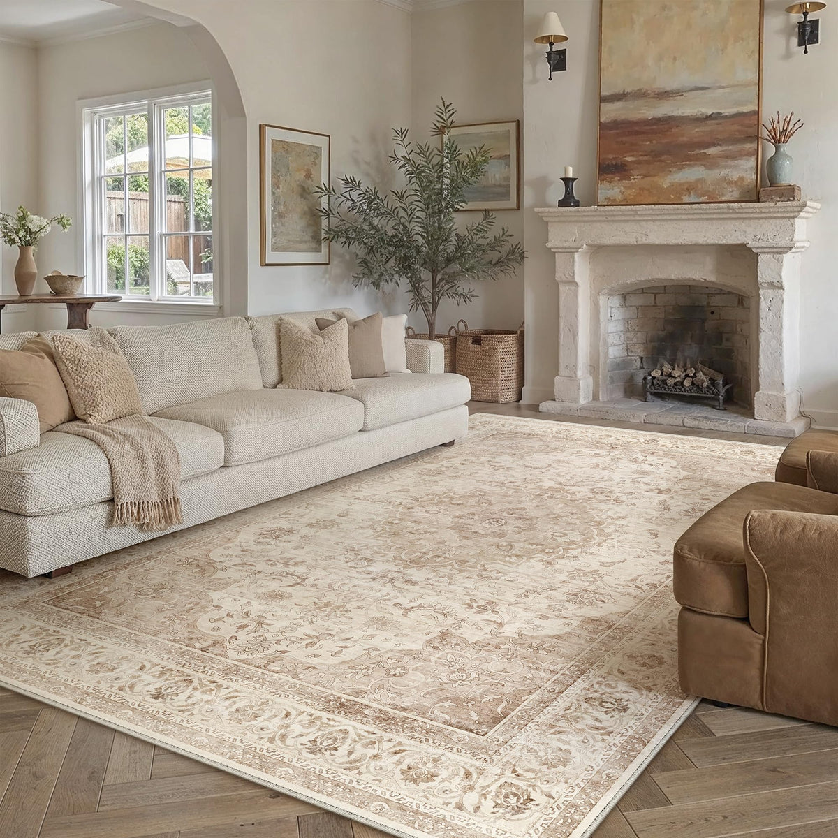 8x10 Washable Area Rug Beige Grey Non Slip Vintage Carpet