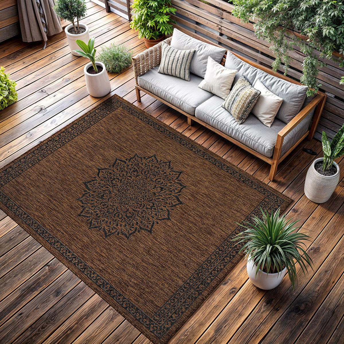 CAMILSON Indoor Outdoor Rug, 6x9 Bordered Dark Grey Black Modern Area Rugs for Indoor and Outdoor Patios, Kitchen and Hallway Mats, Washable Porch Deck Outside Carpet (Bordered Black, 6 x 9)