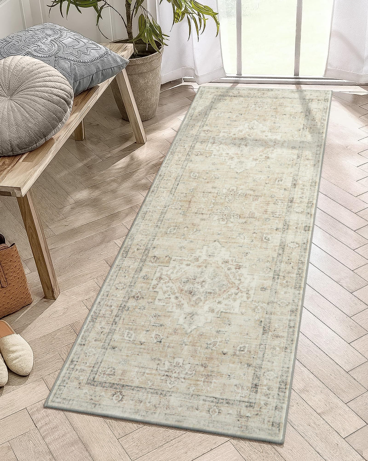 LIVEBOX Washable Area Rug 5x7 Rugs for Living Room Bedroom, Non-Slip Boho Neutral Carpet for Dining Room Office, Low-Pile Farmhouse Soft Carpets for Kids Nursery Room Playroom, Tan