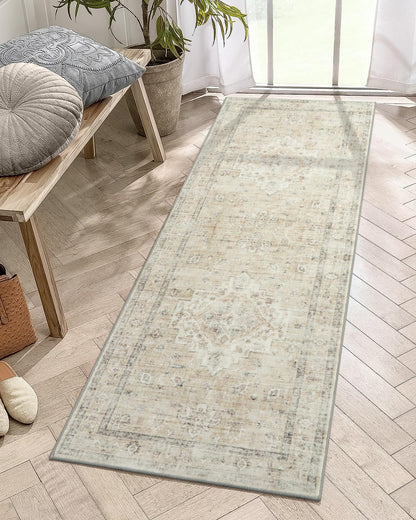 LIVEBOX Washable Area Rug 5x7 Rugs for Living Room Bedroom, Non-Slip Boho Neutral Carpet for Dining Room Office, Low-Pile Farmhouse Soft Carpets for Kids Nursery Room Playroom, Tan