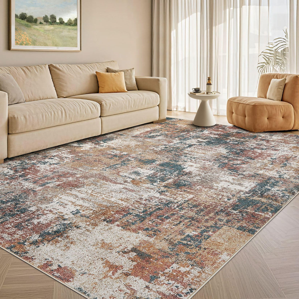 Tortania Washable 8x10 Area Rug for Living Room: Modern Abstract Neutral Large Soft Thin Rugs - Non Slip Indoor Carpet for Bedroom Dining Room Office Nursery Home Floor Decoration - Smoky Gray