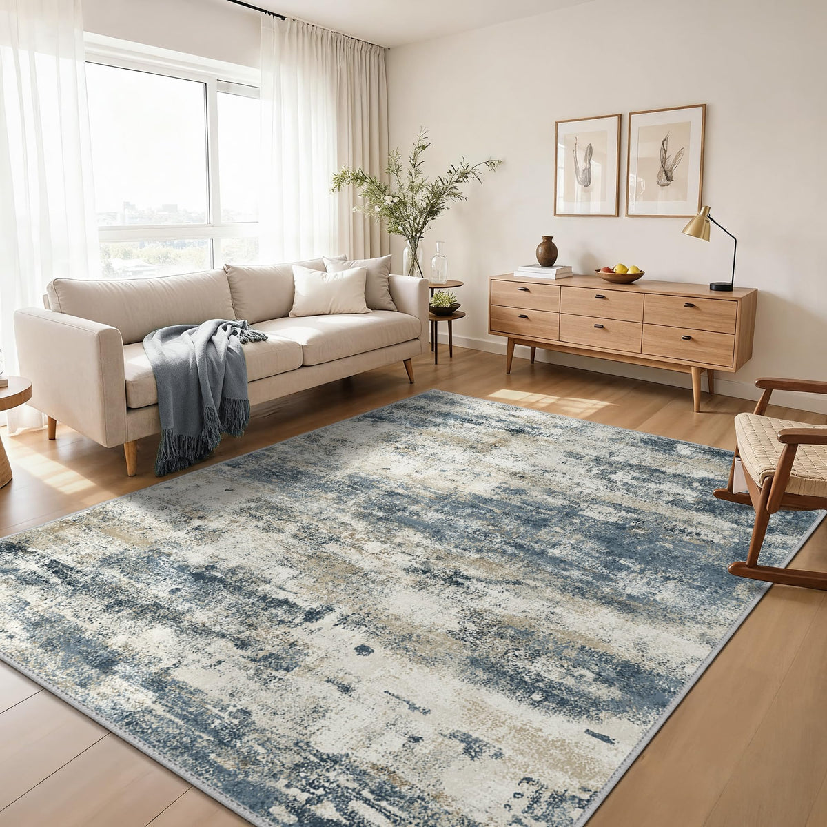 GENIMO 9x12 Area Rug Washable Non Slip for Living Room, Navy Blue Gray