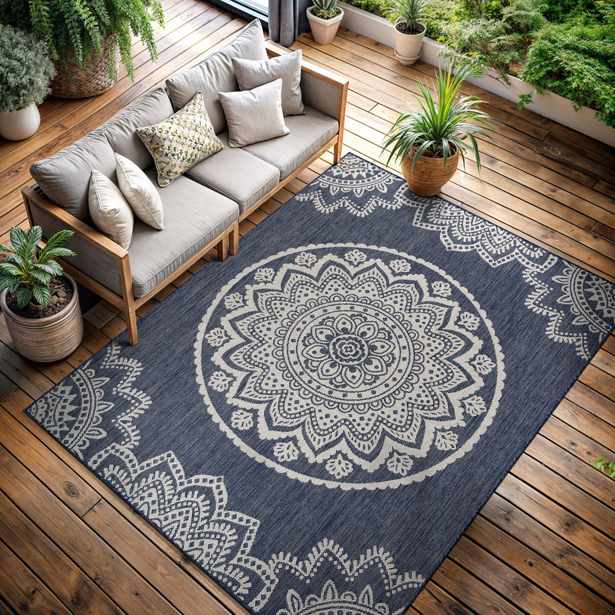 CAMILSON Outdoor Rug 5x7 Modern Area Rugs for Indoor and Outdoor Patios and Porches - Waterproof, Washable, Non-Shedding, Easy-to-Clean Outside Carpet (5 x 7, Medallion - Beige/White)