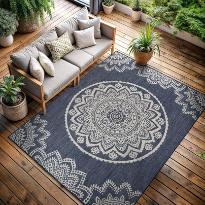 CAMILSON Outdoor Rug 5x7 Modern Area Rugs for Indoor and Outdoor Patios and Porches - Waterproof, Washable, Non-Shedding, Easy-to-Clean Outside Carpet (5 x 7, Medallion - Beige/White)