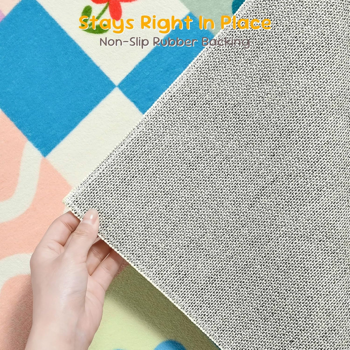 Soft Pink Runner Rug for Girls Bedroom, Washable Non-Slip Hallway Carpet with Cute Colorful Fruit Rainbow Checkered Design, Low Pile Floor Mat