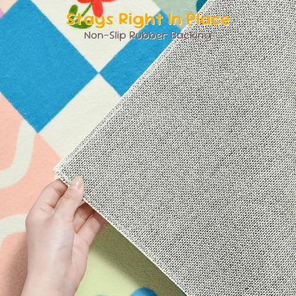 Soft Pink Runner Rug for Girls Bedroom, Washable Non-Slip Hallway Carpet with Cute Colorful Fruit Rainbow Checkered Design, Low Pile Floor Mat