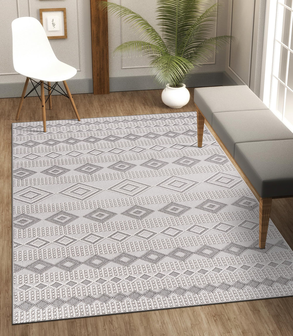 CAMILSON Modern Rug 6x9 Luxury Geometric Pattern Micro Loop Area Rugs Soft High and Low Pile Stain Resistant Easy to Clean Non-Shedding Durable Living Room Office Indoor Carpet (White/Black)