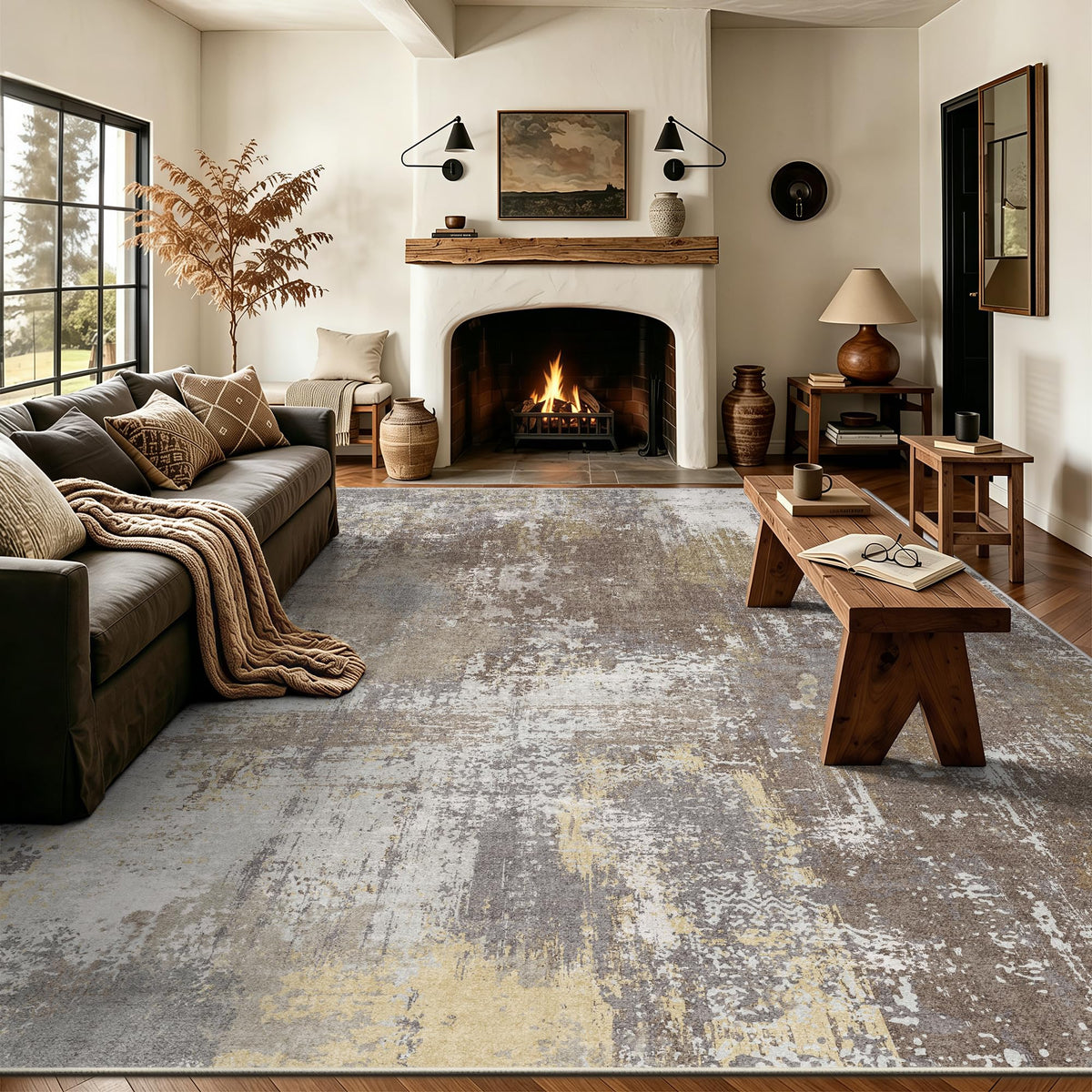 8x10 Rugs for Living Room - Modern Abstract Low Pile Washable Rug, Ultra Soft Non Slip Large Rugs, Floor Carpet for Bedroom Dining Room Office Laundry Nursery Home(Brown)