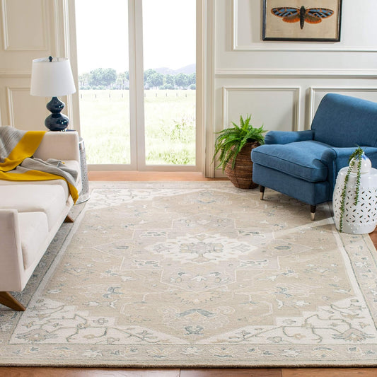 SAFAVIEH Micro-Loop Collection Area Rug - 5' Square, Light Grey & Ivory, Handmade Medallion Wool, Ideal for High Traffic Areas in Living Room, Bedroom (MLP505F)