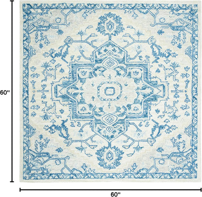 SAFAVIEH Micro-Loop Collection Area Rug - 5' Square, Ivory & Blue, Handmade Shabby Chic Medallion Wool, Ideal for High Traffic Areas in Living Room, Bedroom (MLP503G)